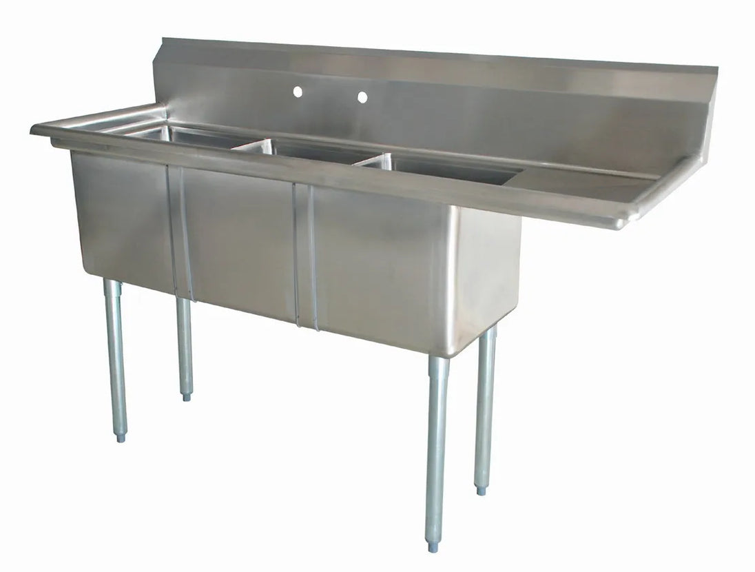 Omcan 25272 three tub stainless steel sink with right drainboard