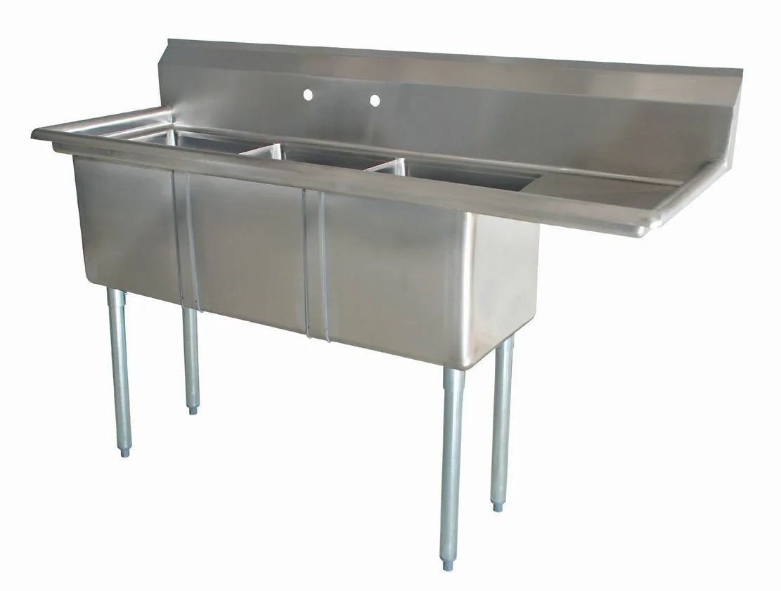Omcan 25272 three tub stainless steel sink with right drainboard