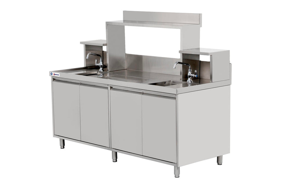 Omcan 48405 72 x 30 inch stainless steel bubble tea station with sinks and overshelves