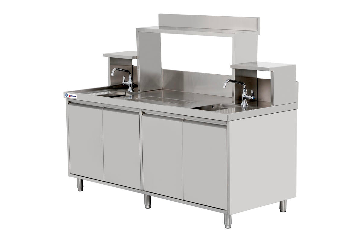 Omcan 48405 72 x 30 inch stainless steel bubble tea station with sinks and overshelves