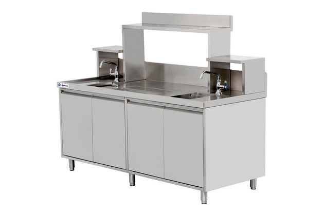 Omcan 48405 72 x 30 inch stainless steel bubble tea station with sinks and overshelves