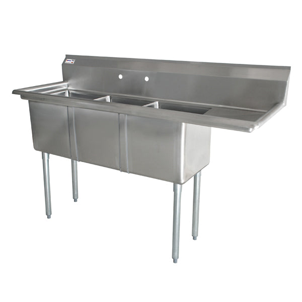 Omcan 43757 18 gauge stainless steel three tub sink with right drainboard