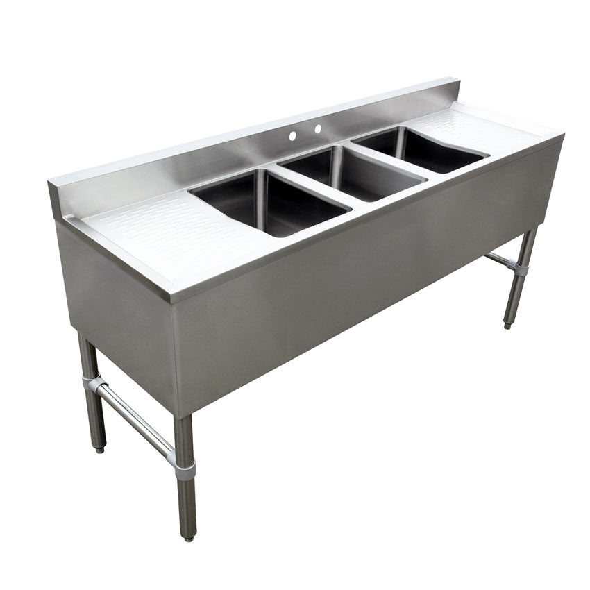 Omcan 44627 three compartment underbar sink with 19 inch left and right drainboards