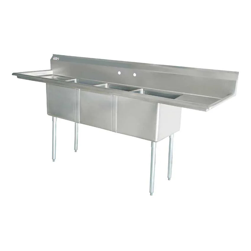 Omcan 43763 three tub stainless steel sink with center drains and two drainboards