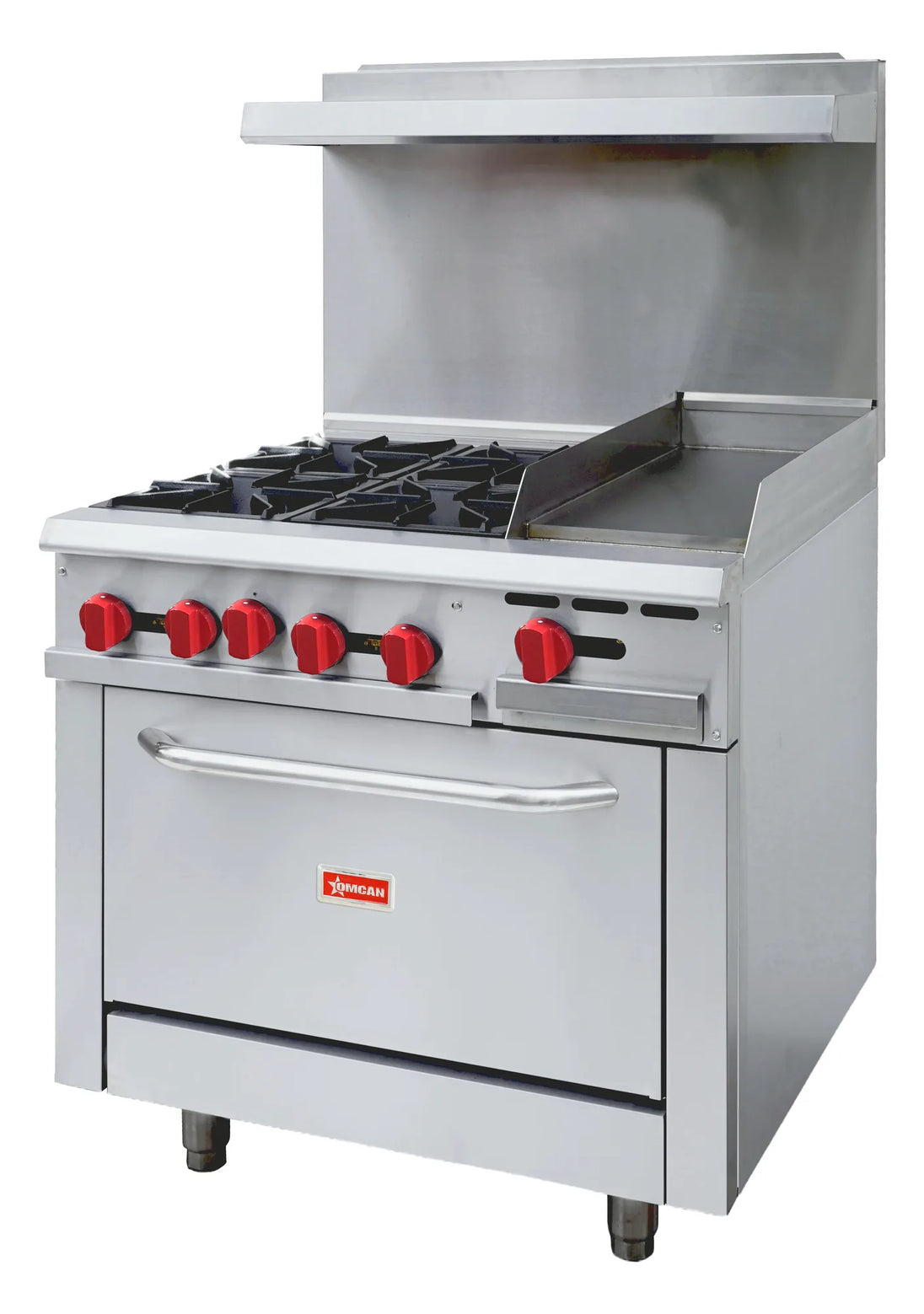 Omcan CE-CN-0004-GN 36 inch natural gas range with four burners and 12 inch griddle