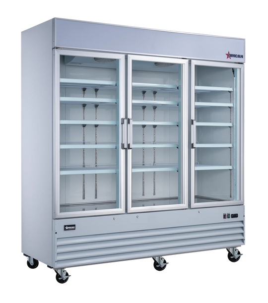Omcan RE-CN-0052-HC 78 inch white three swing glass door display refrigerator