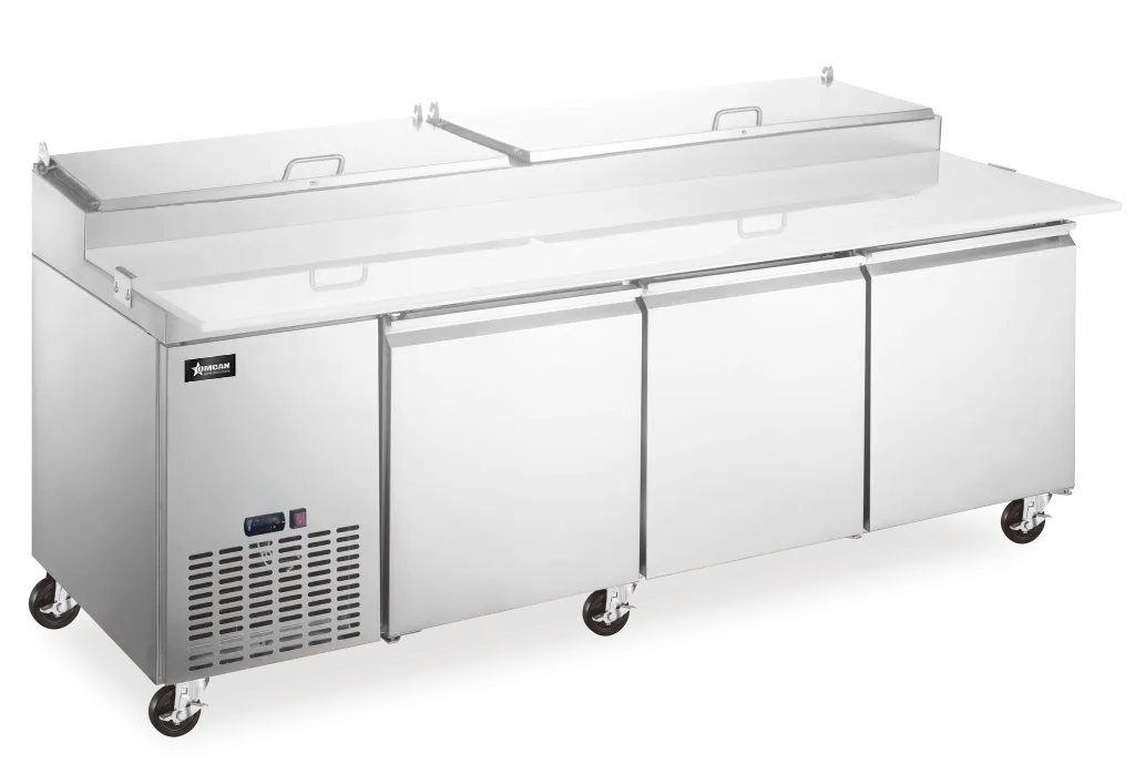 Omcan PT-CN-2337-HC 92 inch three door refrigerated pizza prep table