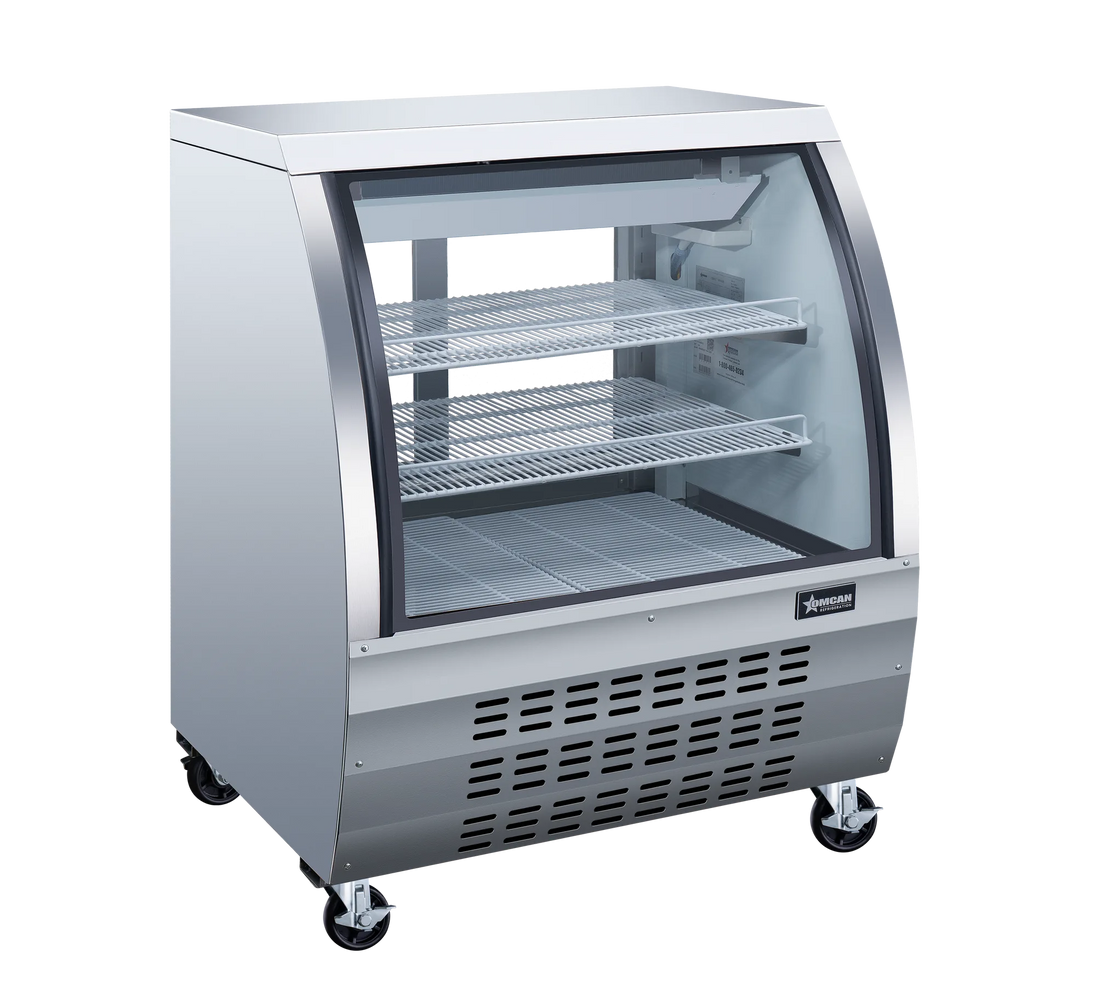 Omcan RS-CN-0092-S 36 inch stainless steel sliding door floor refrigerated showcase