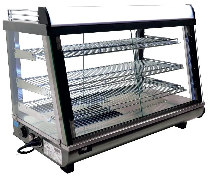 Omcan DW-CN-0136 35 inch countertop display warmer with three shelves and sliding doors
