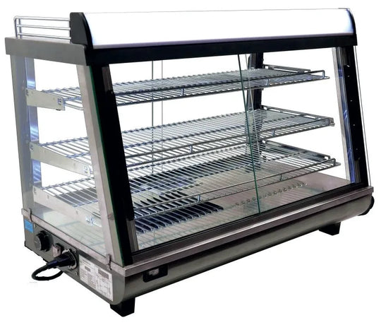 Omcan DW-CN-0136 35 inch countertop display warmer with three shelves and sliding doors