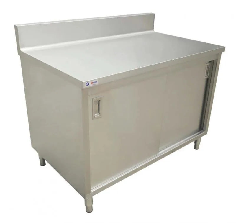 Omcan 45281 30 x 48 inch stainless steel worktable with sliding door cabinet and backsplash