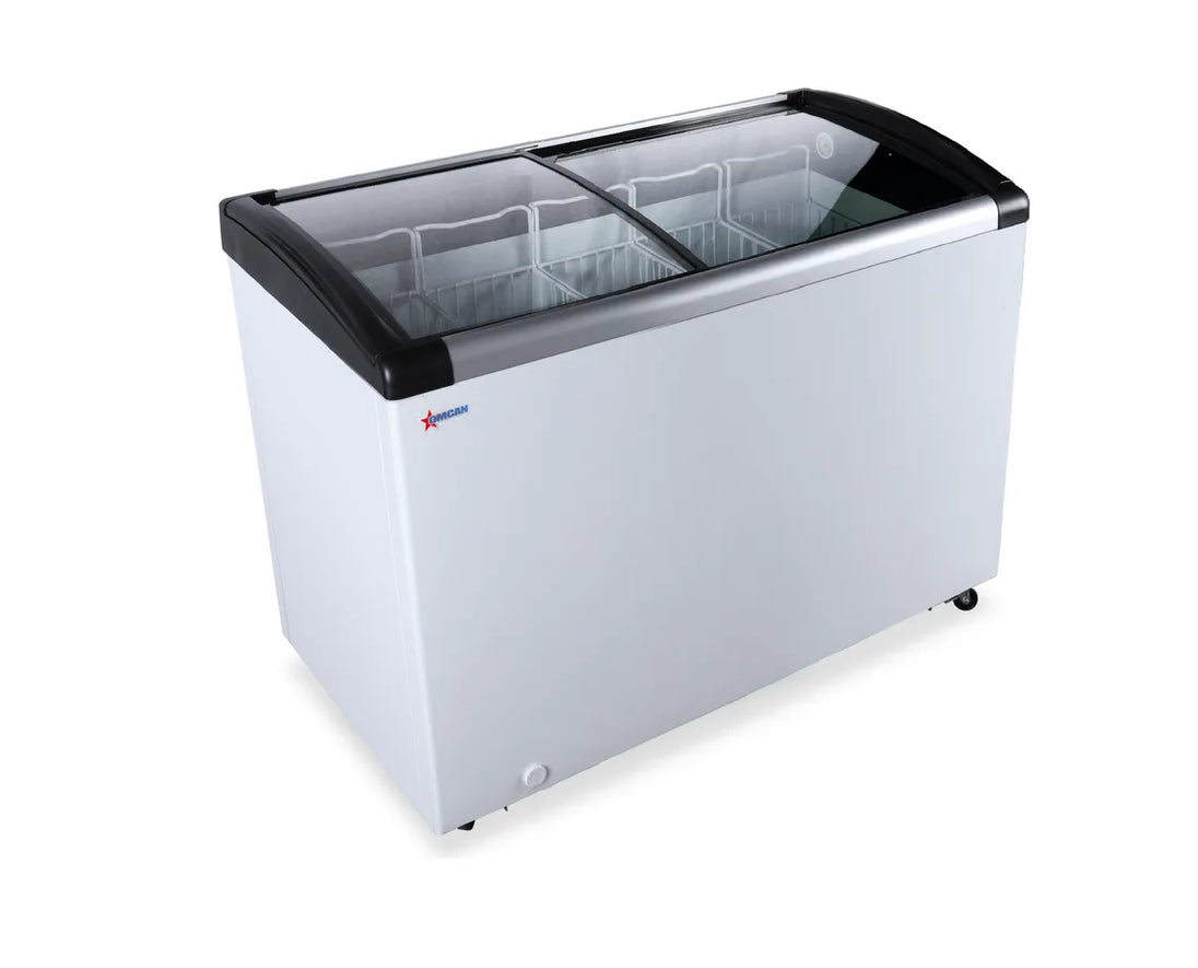 Omcan FR-CN-0296 48 inch two door ice cream display chest freezer with curved glass top