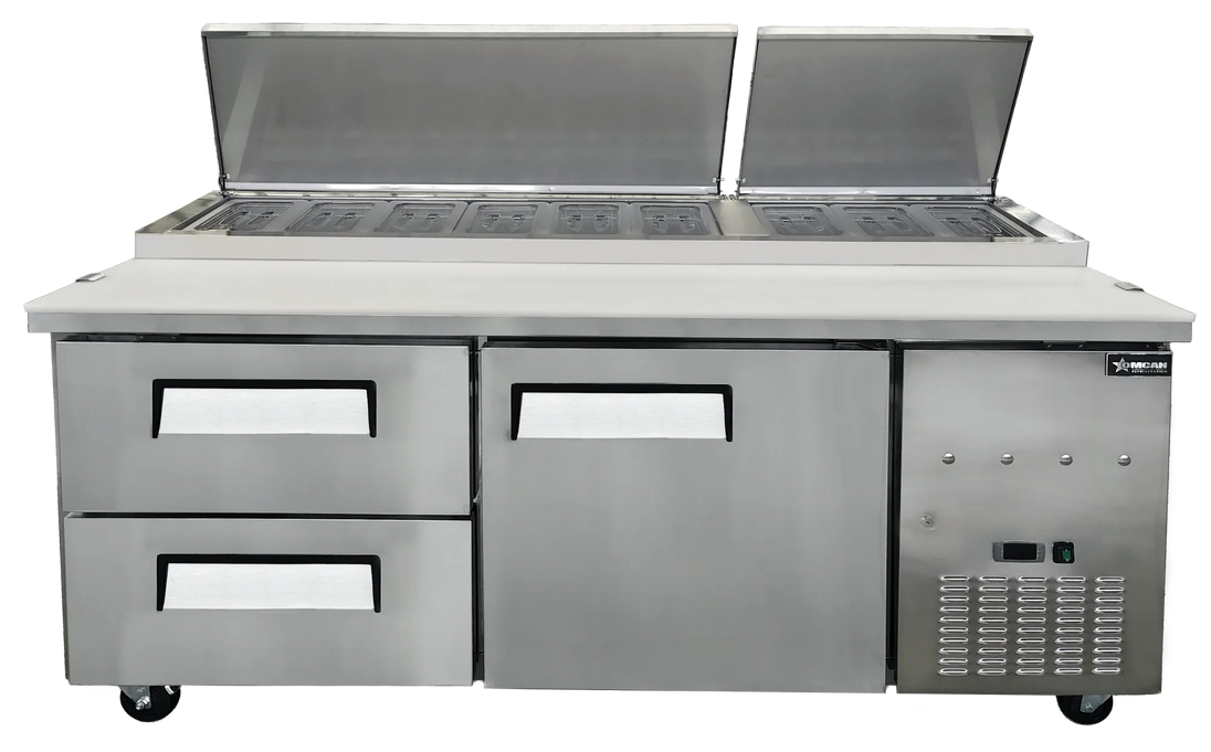 Omcan PT-CN-1800-2D 71 inch refrigerated pizza prep table with drawers