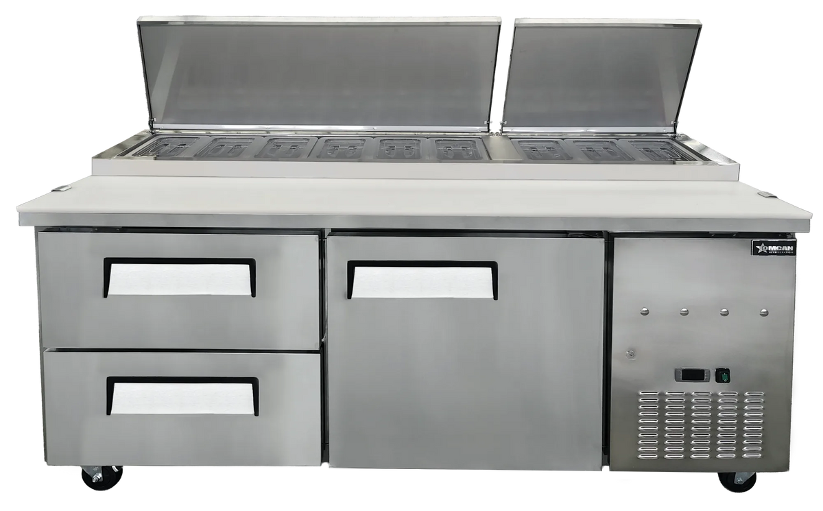 Omcan PT-CN-1800-2D 71 inch refrigerated pizza prep table with drawers