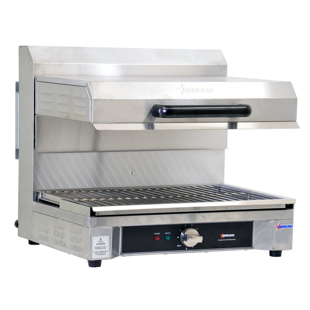 Omcan CE-CN-0580-S stainless steel quartz adjustable salamander with 14 x 21 inch warming base