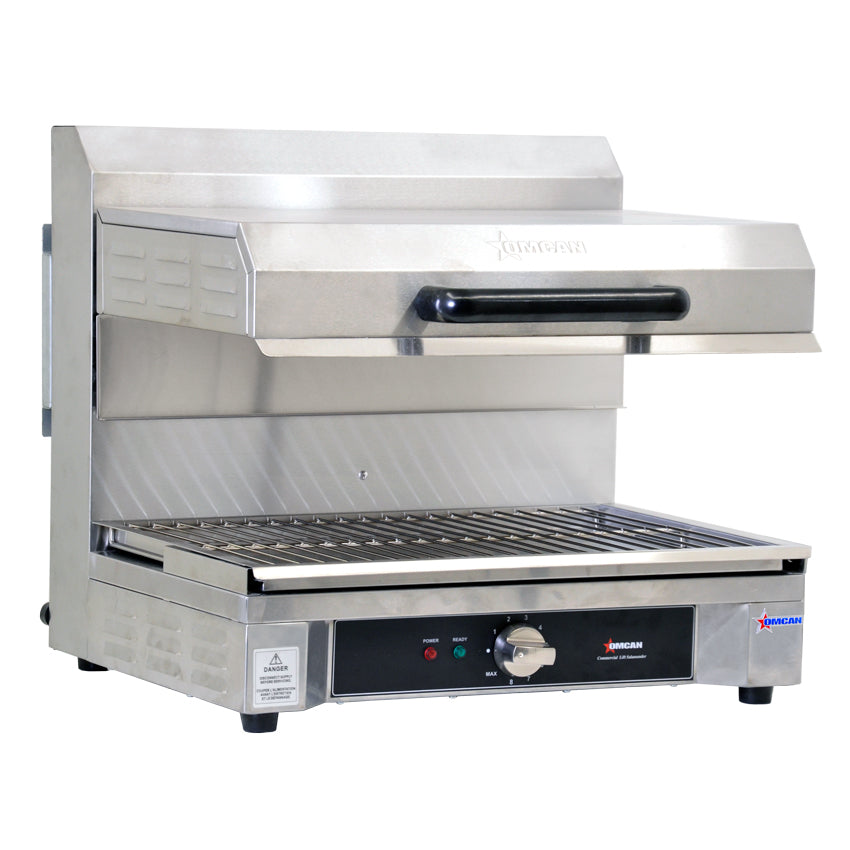 Omcan CE-CN-0580-S stainless steel quartz adjustable salamander with 14 x 21 inch warming base