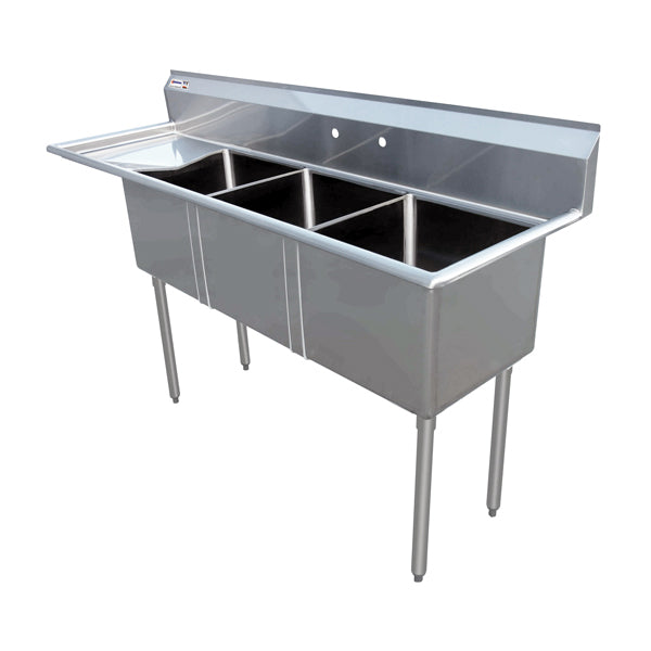 Omcan 43755 18 gauge stainless steel three tub sink with left drainboard