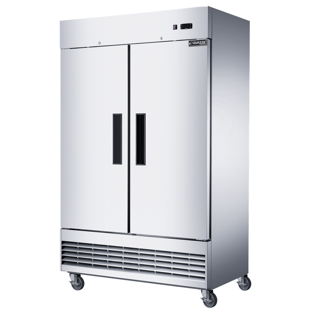 Dukers D47EF two door reach-in freezer shown from an angle