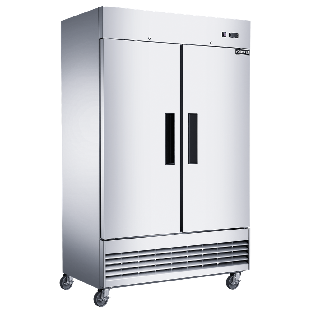 Dukers D47ER shallow depth two solid door reach-in refrigerator, stainless steel