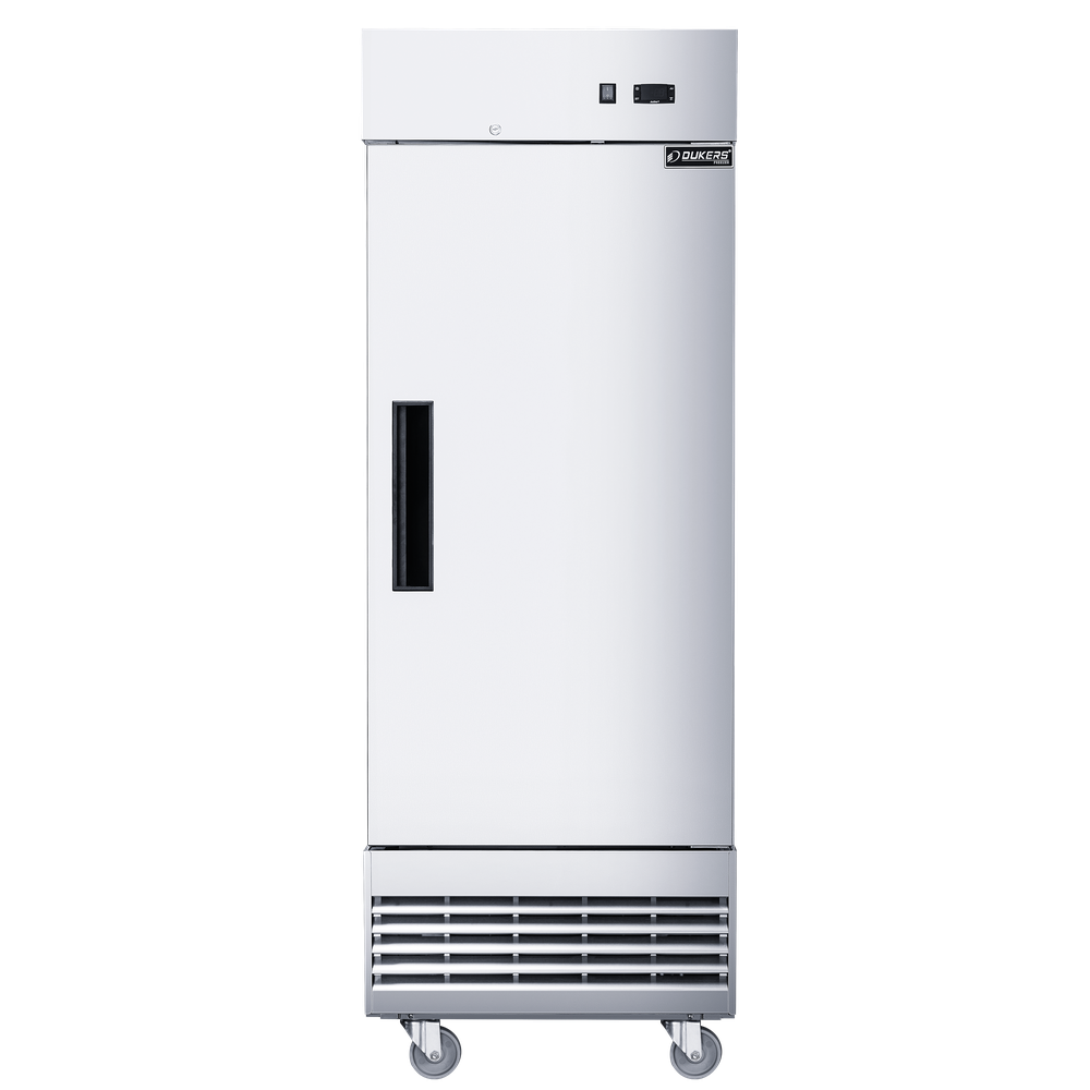 Dukers D28EF reach-in freezer shown with the door open and wire shelves fitted