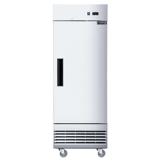 Dukers D28EF reach-in freezer shown with the door open and wire shelves fitted