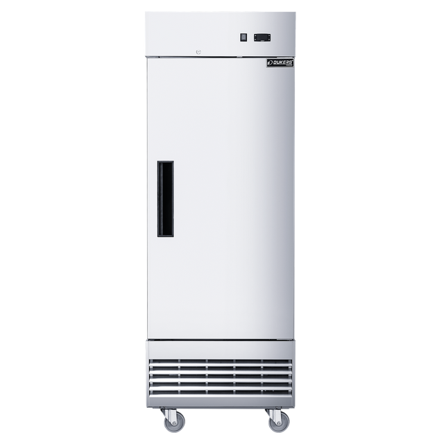 Dukers D28EF reach-in freezer shown with the door open and wire shelves fitted