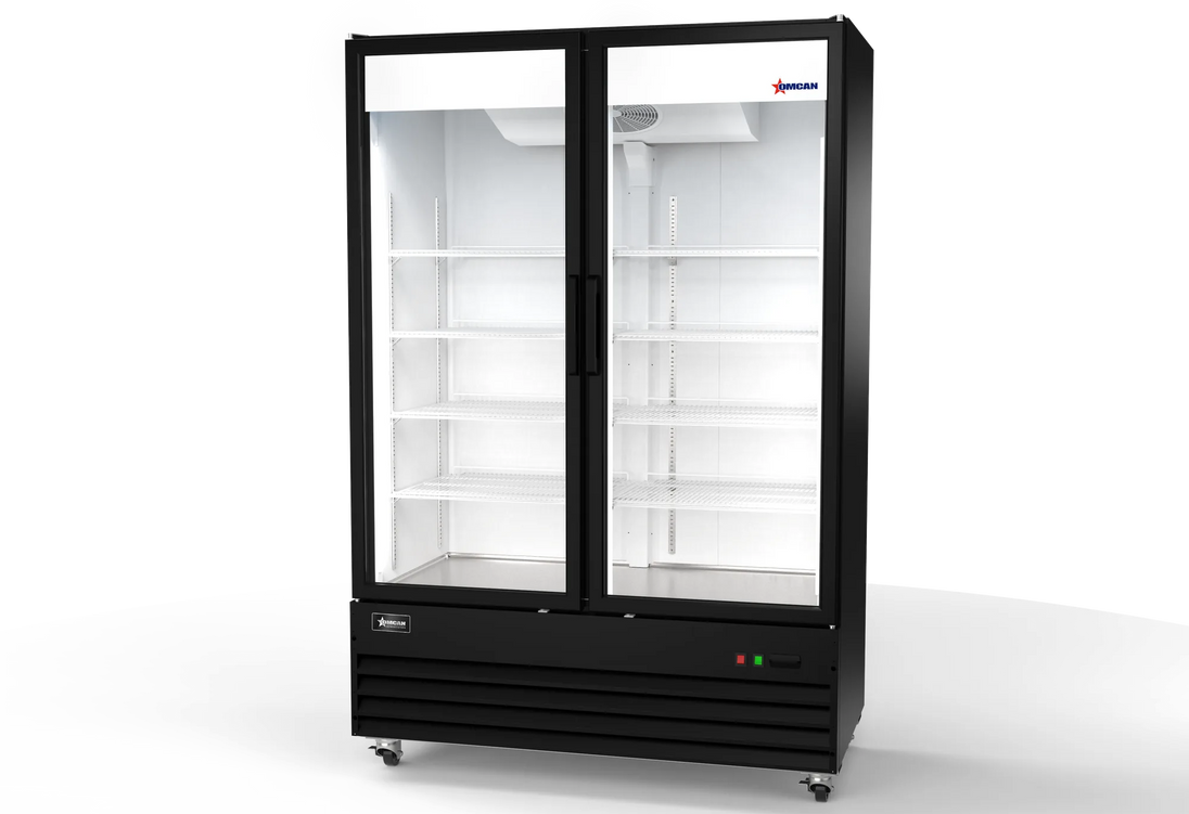 Omcan RE-CN-54R-HC 54 inch black two swing glass door display refrigerator