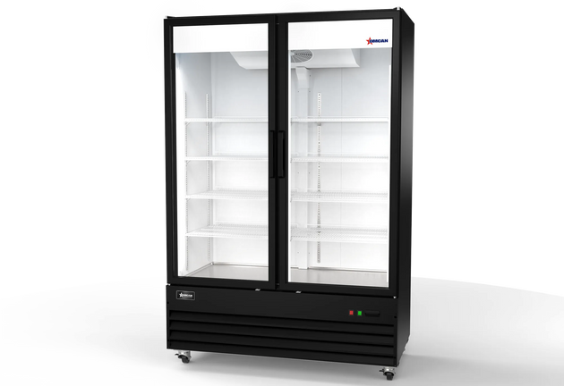 Omcan RE-CN-54R-HC 54 inch black two swing glass door display refrigerator