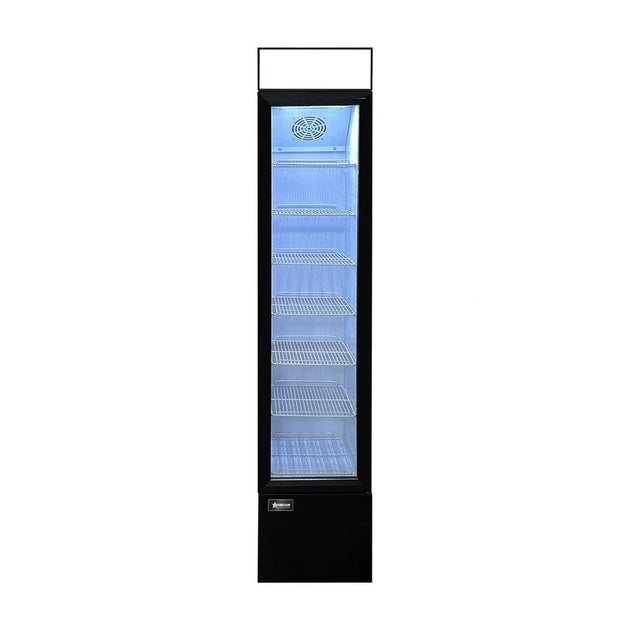 Omcan RS-CN-0105-B 14 inch slim black glass door display refrigerator with lightbox