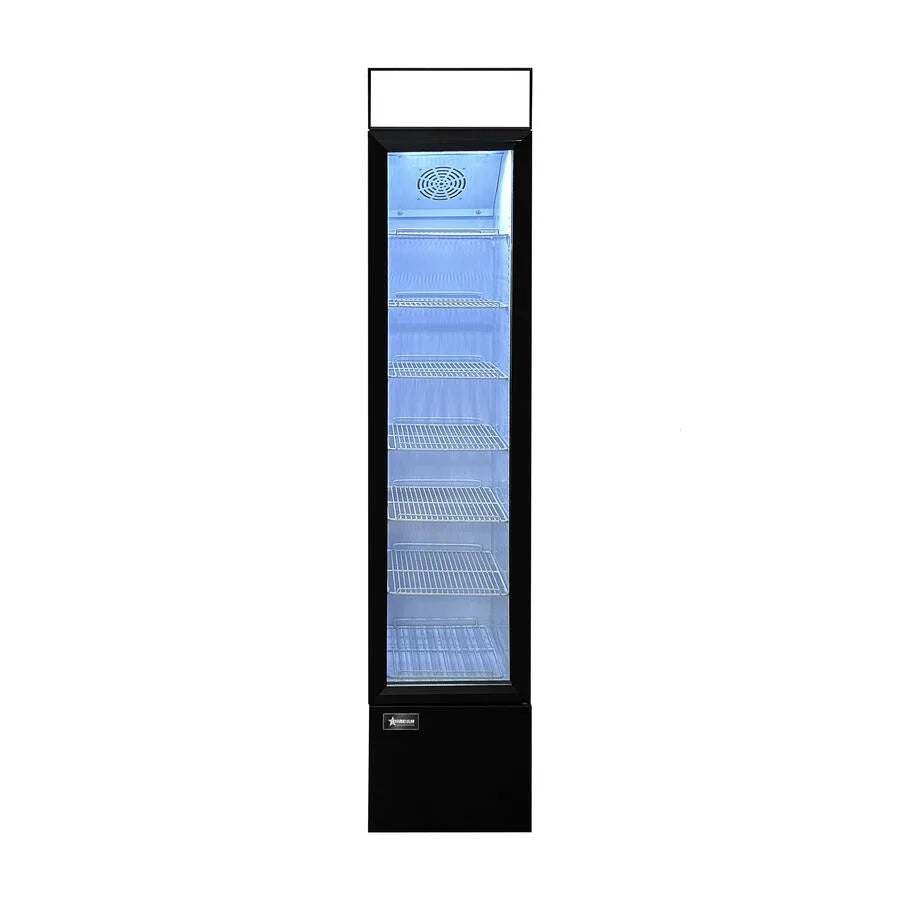 Omcan RS-CN-0105-B 14 inch slim black glass door display refrigerator with lightbox