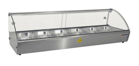Omcan DW-CN-0006 44 inch curved glass countertop display warmer with six pans