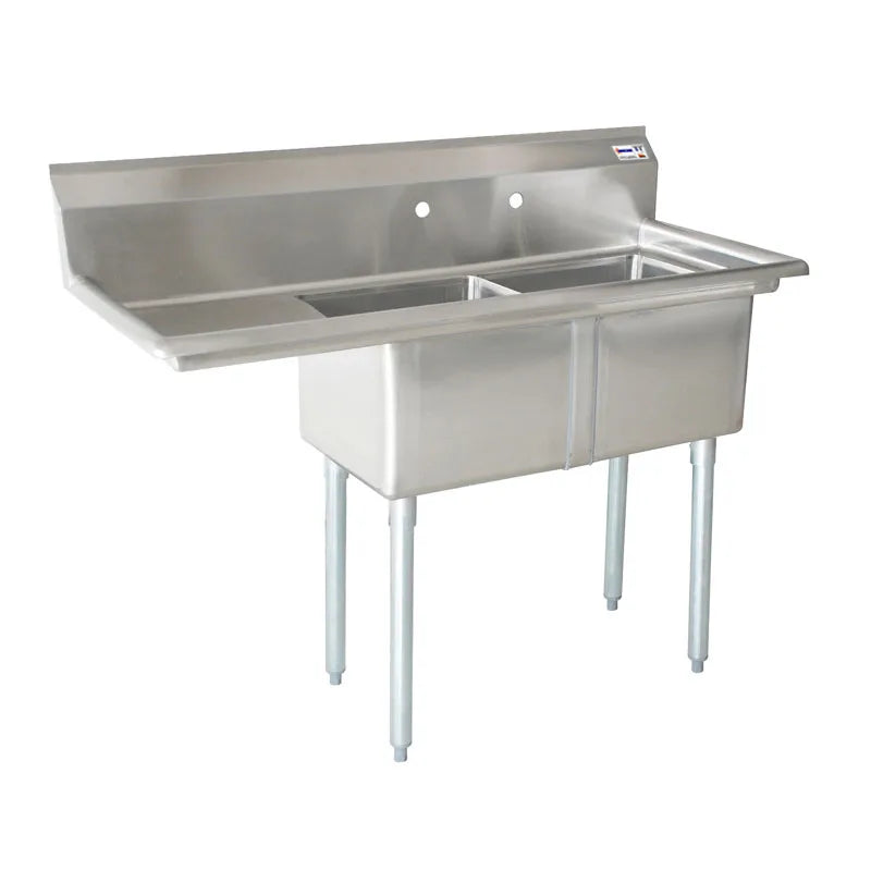 Omcan 25256 two tub stainless steel sink with corner drains and left drainboard