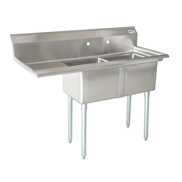 Omcan 25256 two tub stainless steel sink with corner drains and left drainboard