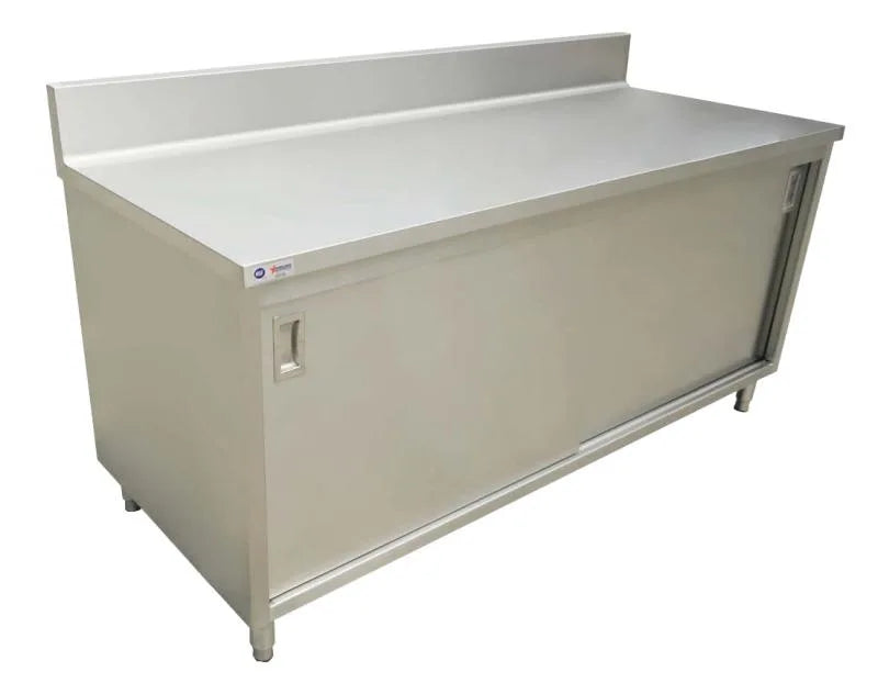 Omcan 45283 30 x 72 inch stainless steel worktable with sliding door cabinet and backsplash