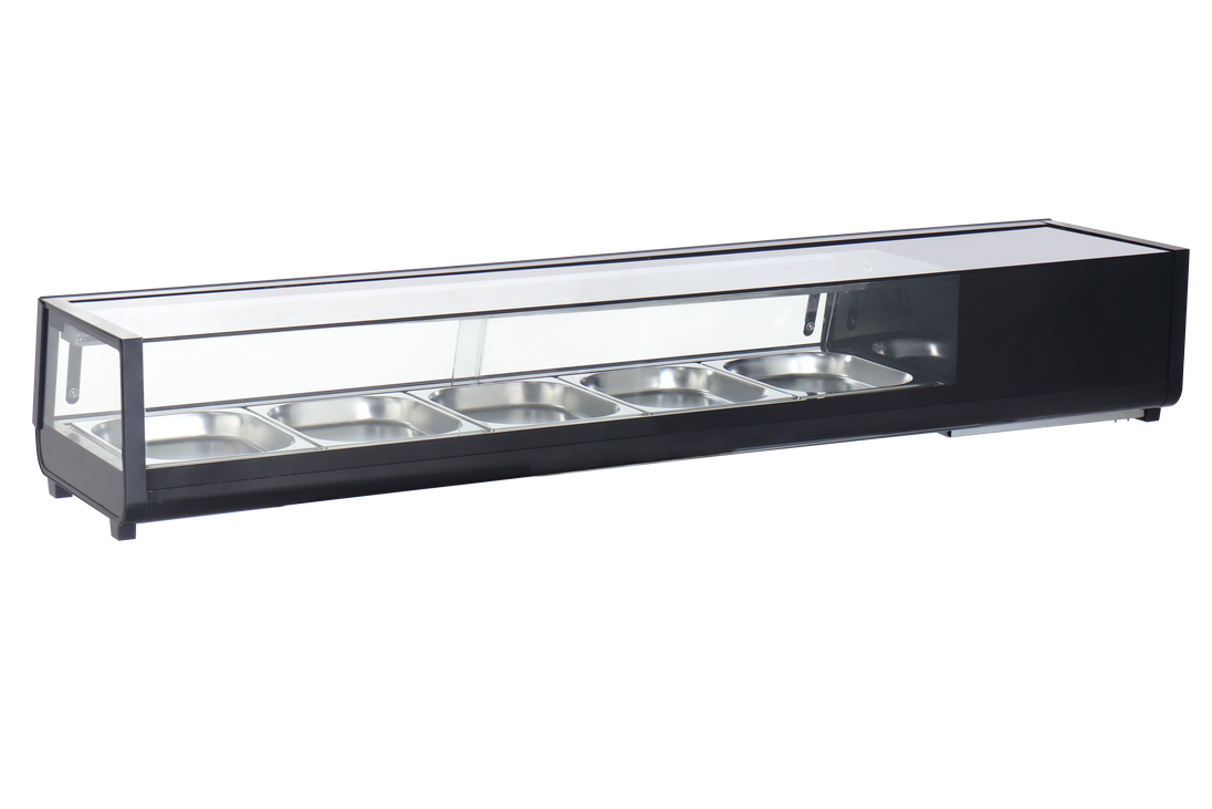 Omcan RS-CN-0132-2 71 inch flat glass refrigerated sushi showcase in black