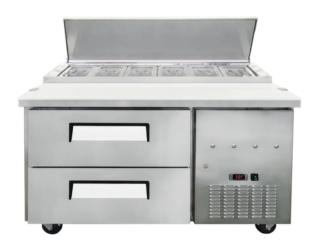 Omcan PT-CN-1200-2D 48 inch refrigerated pizza prep table with two drawers