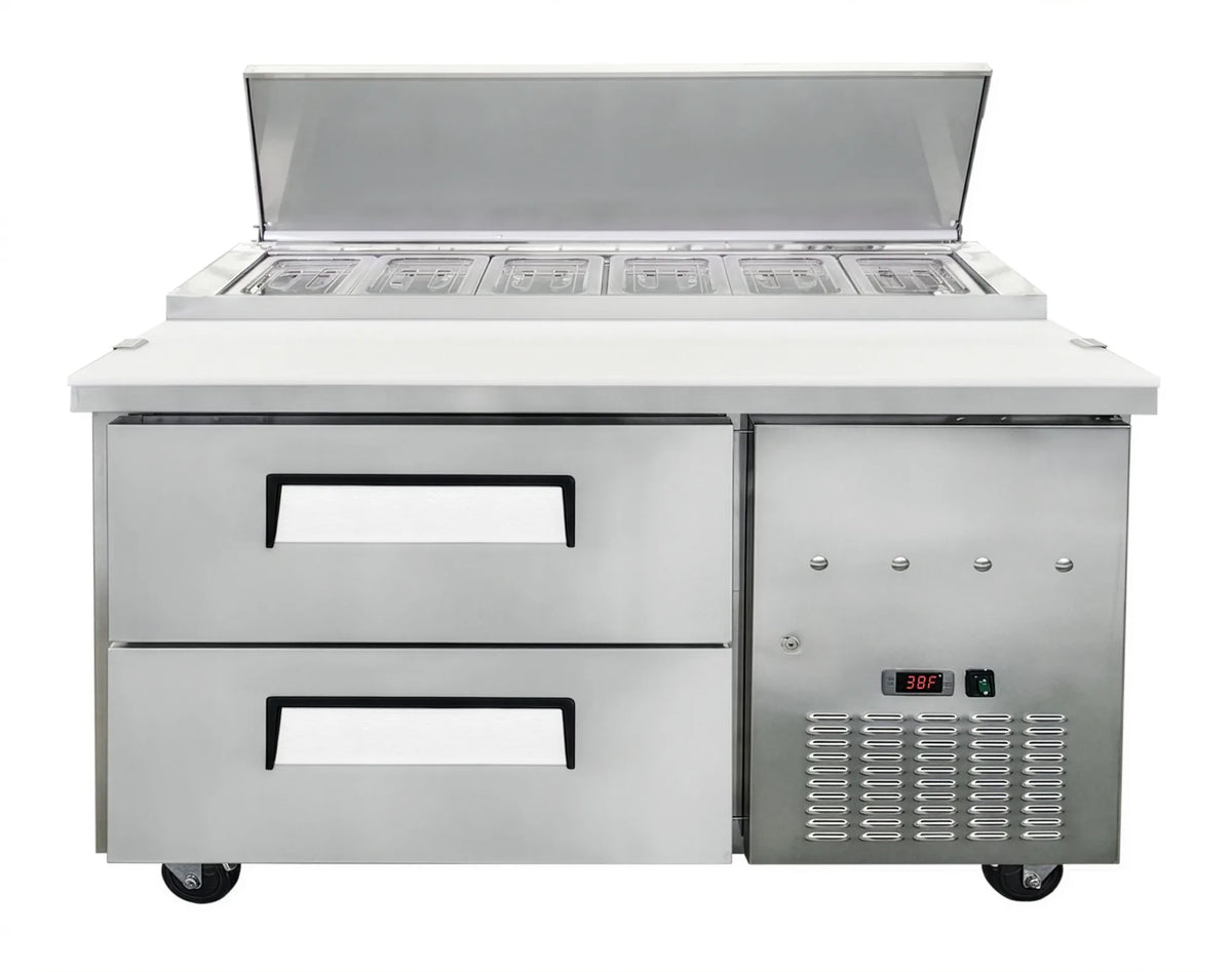 Omcan PT-CN-1200-2D 48 inch refrigerated pizza prep table with two drawers