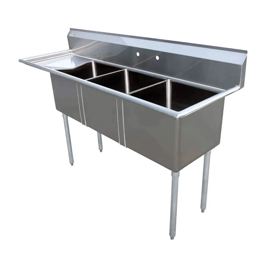 Omcan 22115 three tub stainless steel sink with left drainboard