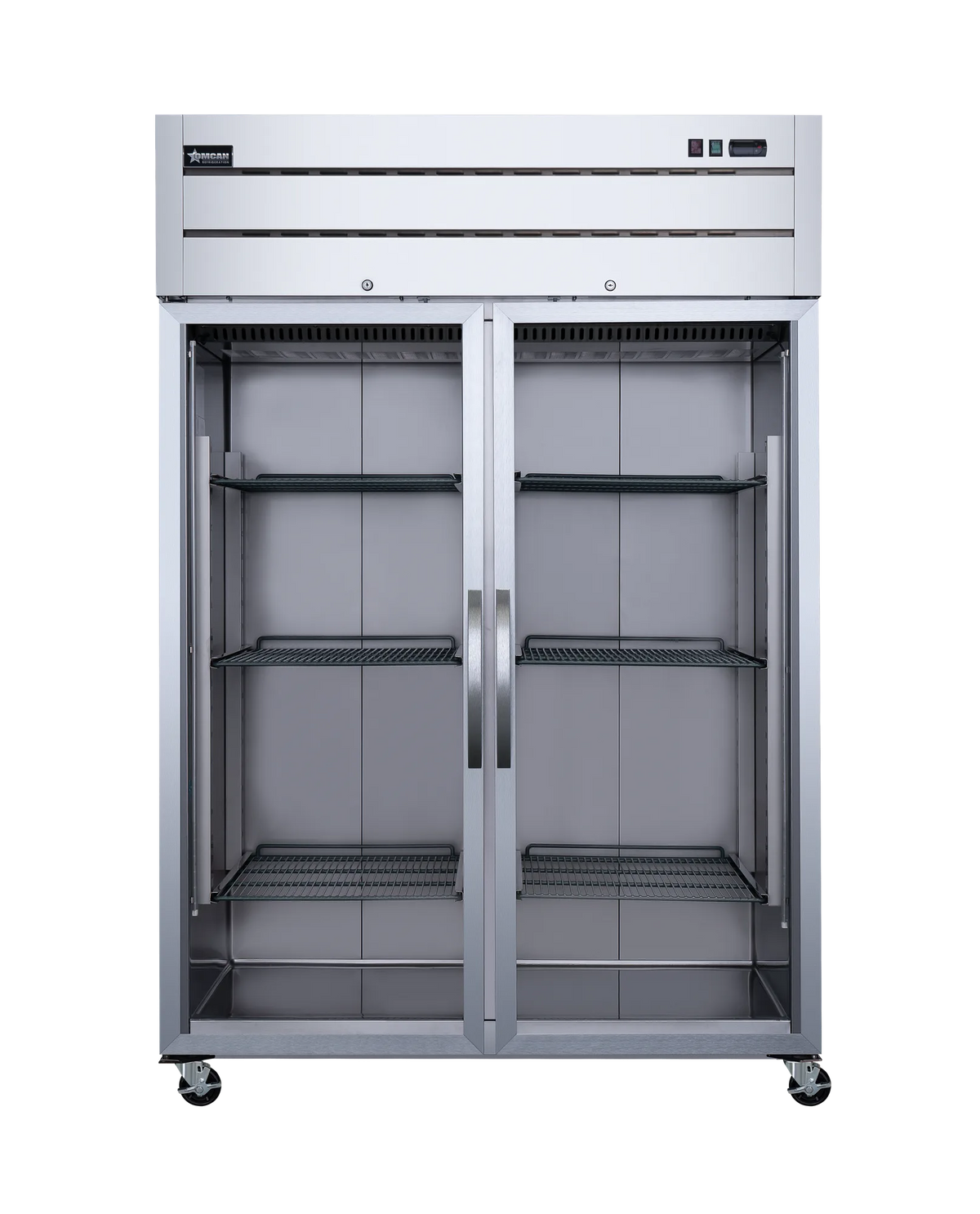 Omcan RE-CN-0054G-TM glass door reach-in refrigerator angled view