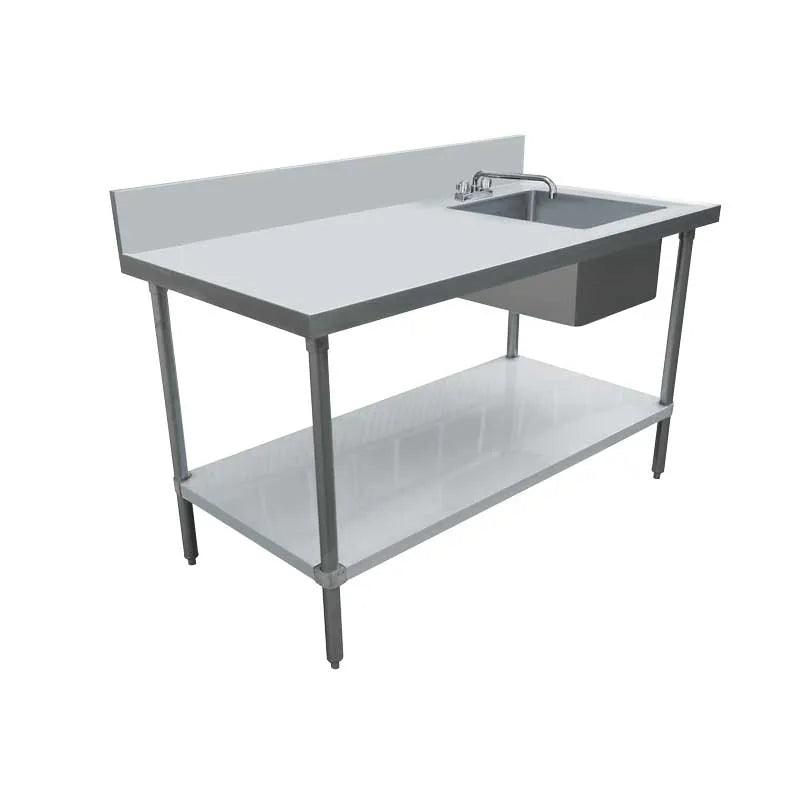 Omcan 49177 30 x 48 inch stainless steel table with right sink and backsplash