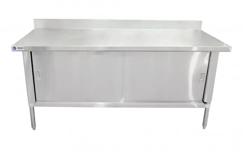 Omcan 24406 30 x 48 inch stainless steel worktable with enclosed cabinet, sliding doors and backsplash