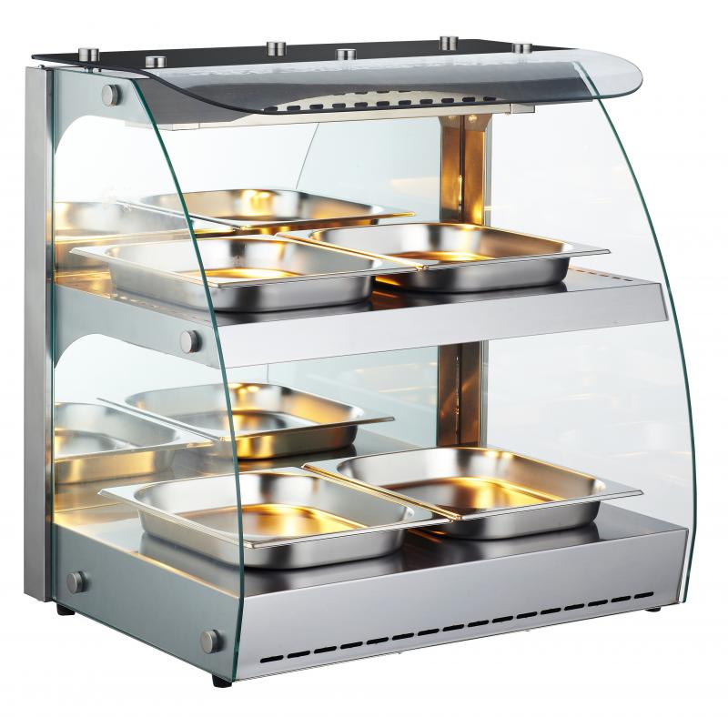 Omcan FW-CN-0100-C 25 inch countertop heated display case with two shelves and curved glass