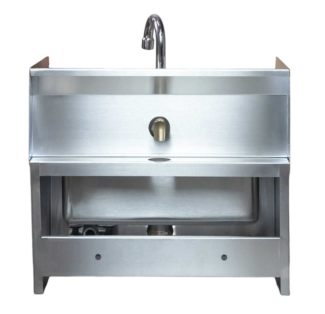 Omcan 46512 fabricated stainless steel hand sink with knee valve and side splashes
