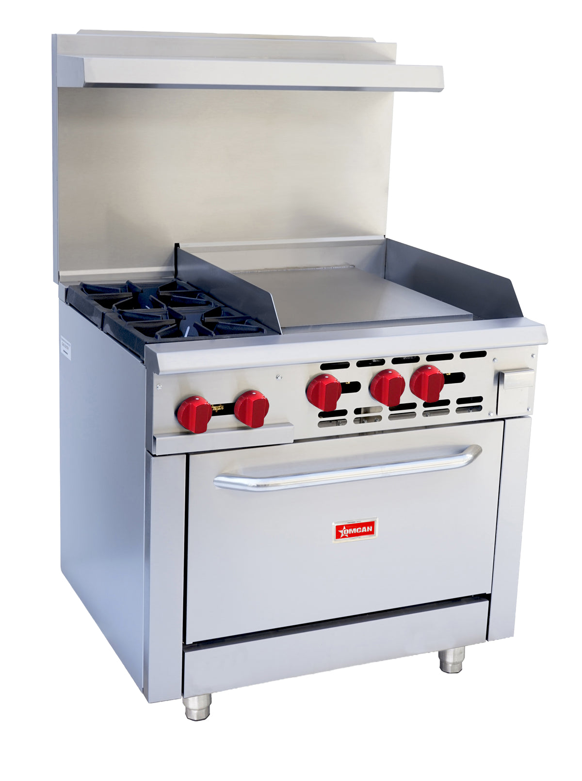 Omcan CE-CN-0002-GL 36 inch liquid propane range with two burners and 24 inch griddle