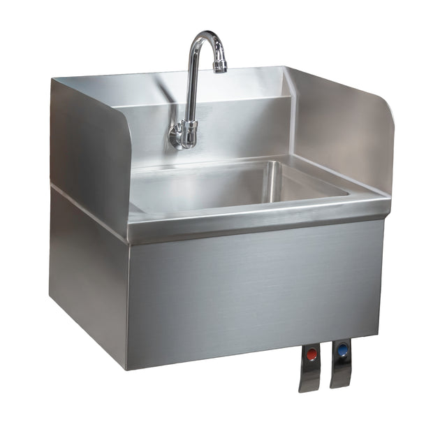 Omcan 46512 fabricated stainless steel hand sink with knee valve and side splashes