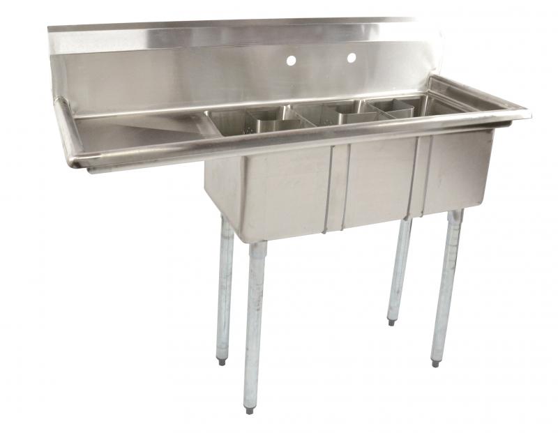 Omcan 39762 three tub space saver sink with 16 inch left drainboard