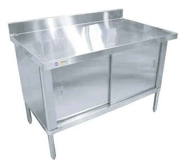 Omcan 28643 30 x 60 inch 430 stainless steel cabinet worktable with 4 inch backsplash