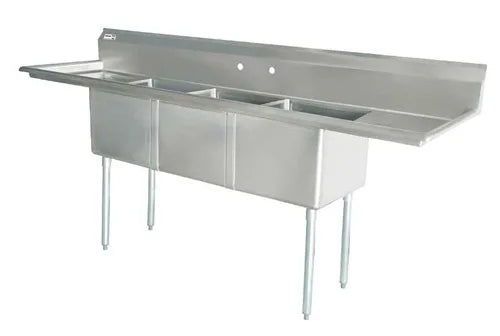 Omcan 25273 90 inch three tub stainless steel sink with two drainboards