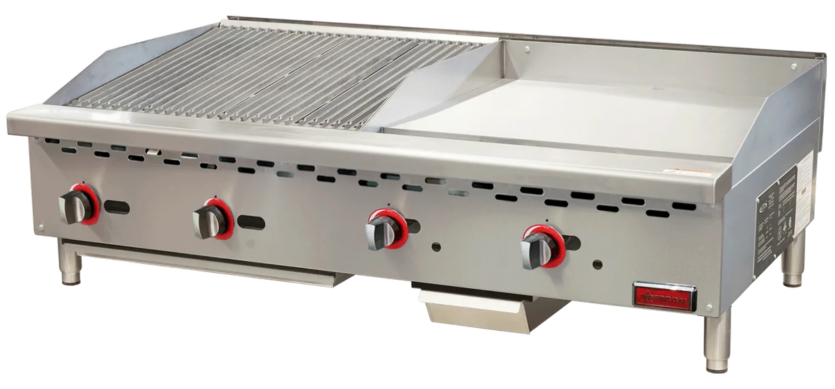 Omcan CE-CN-24C24G 48 inch countertop gas charbroiler and griddle combo