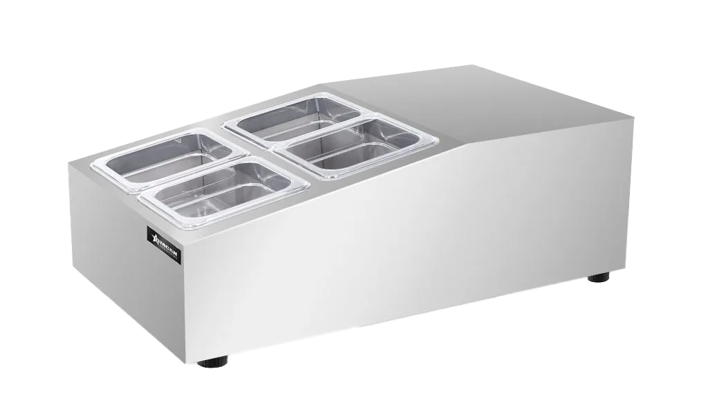 Omcan RS-CN-0004 15 inch countertop refrigerated prep rail with four 1/6 pans